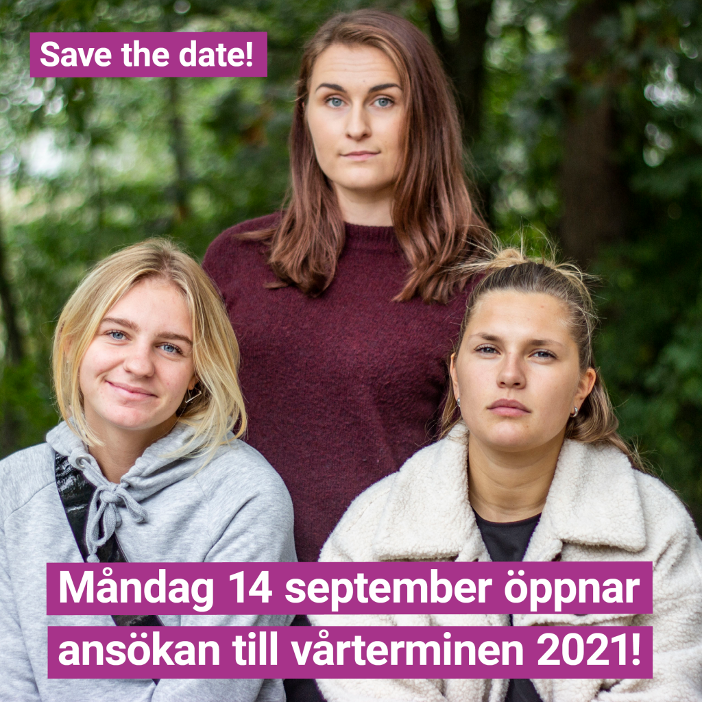Bild på tre kursdeltagare utomhus i grönska. Text: Save the date! Måndag 14 september öppnar ansökan till vårterminen 2021!