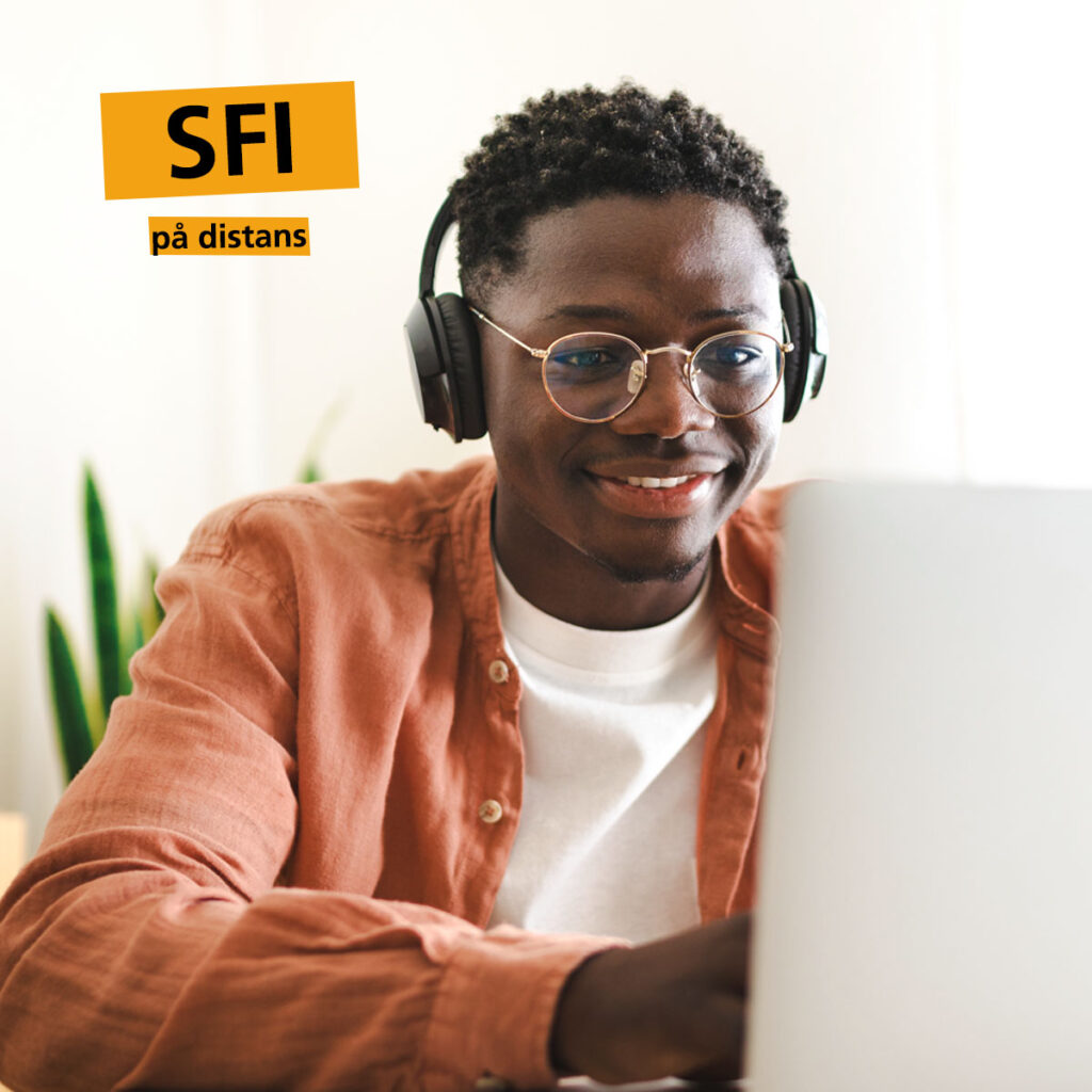 Glad man vid datorn, Text: SFI på distans