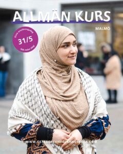 Kvinna framför skola. Text: Allmän kurs + Sök senast 31 maj