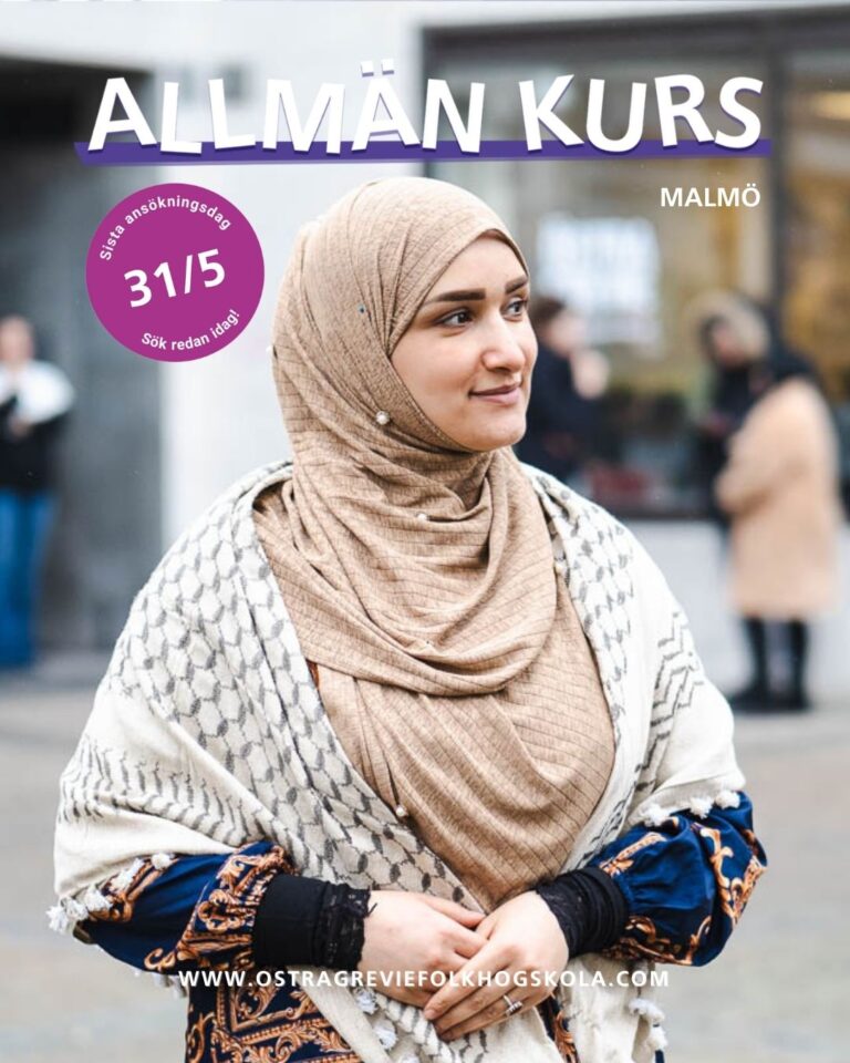 Kvinna framför skola. Text: Allmän kurs + Sök senast 31 maj