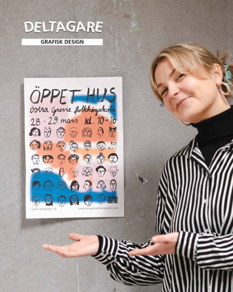 Text: Deltagare Grafisk design. Foto: Kvinna som presenterar affisch.