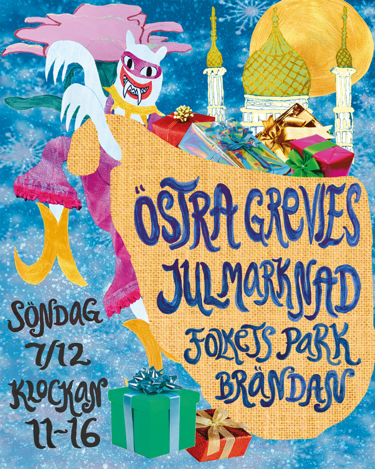 Färgstark illustration av Folkets park i Malmö.