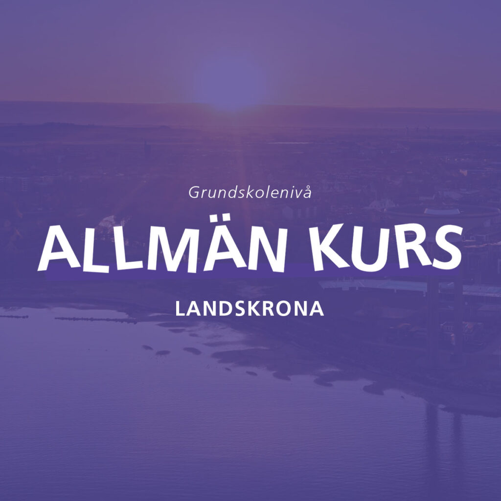 Text: Landskrona Allmän kurs Grund – Motiv: Landskronas hamn - drönarbild i solnedgång