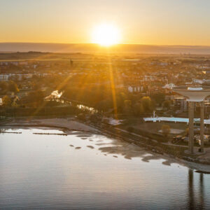 Landskronas hamn - dr&ouml;narbild i solnedg&aring;ng